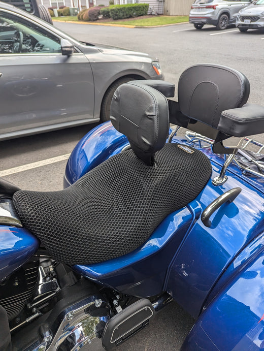Wind Rider mesh seat cover installed on a Harley Davidson Freewheeler