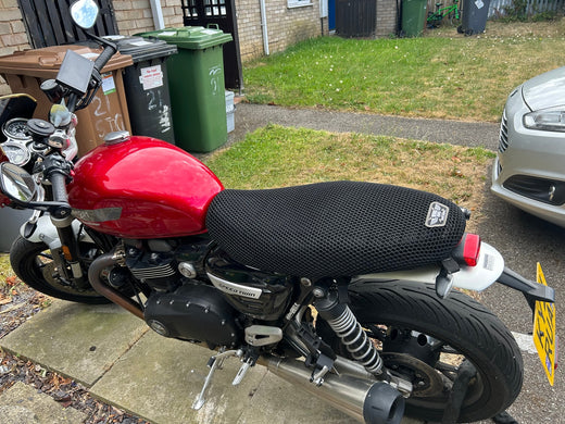 Wind Rider mesh seat cover on a Triumph Speed Twin