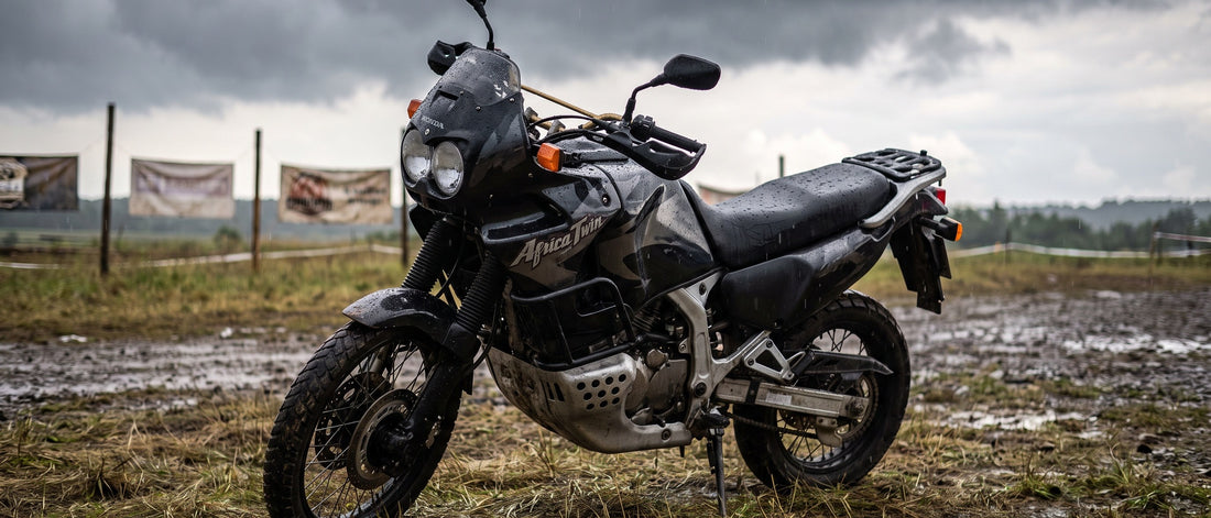 Motorcycle seat cover waterproof concern at a rally as storm clouds gather over a parked touring bike