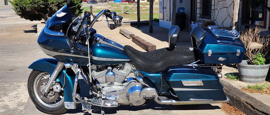 Harley-Davidson Road Glide with Wind Rider 3D mesh seat cover installed, outdoor daylight
